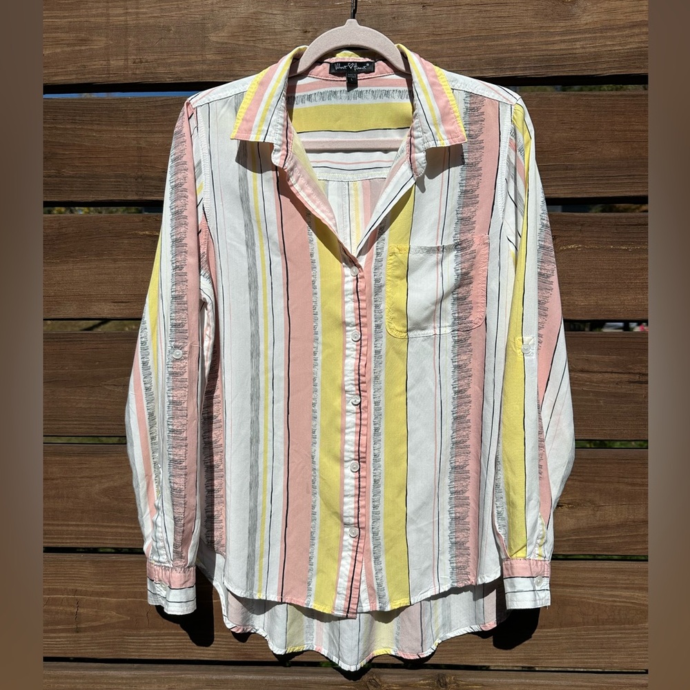 Velvet Heart Soft Lightweight Pink Yellow Striped Button Down Blouse